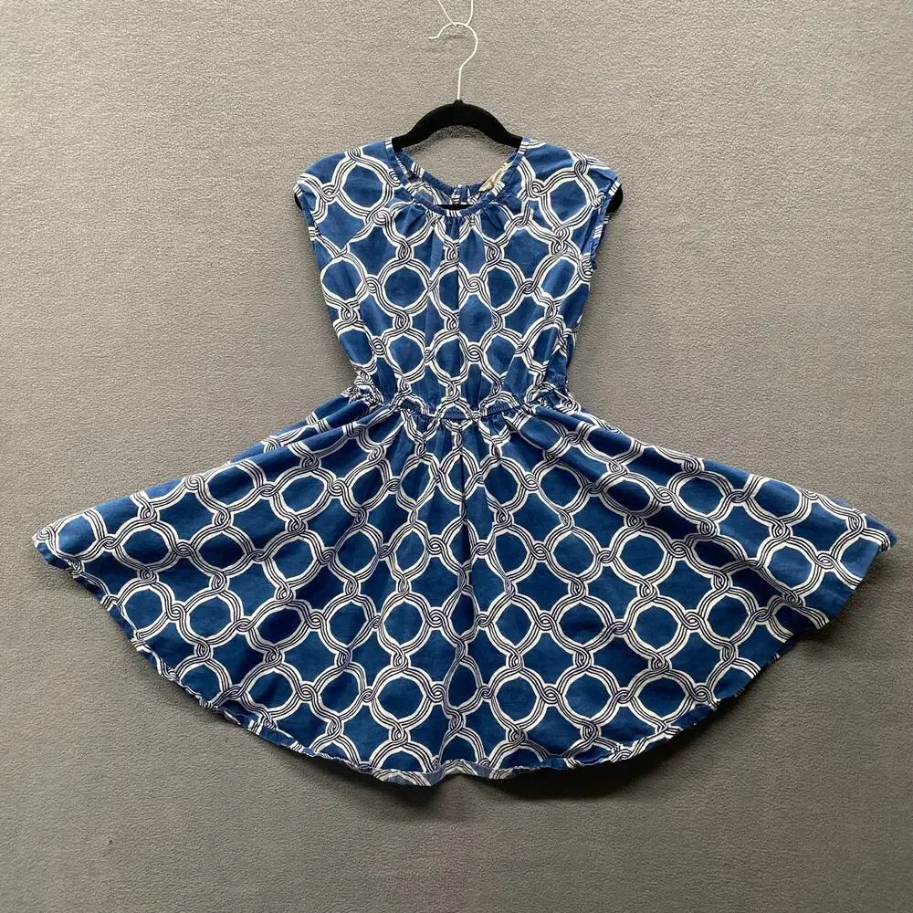 Lands End Kids Fit Flare Dress Girls‎ 6 Blue White Cotton *No Belt/Tie